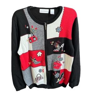 Alfred Dunner Shoes Bags and Flowers Knit Cardigan Sweater Black White Res Large